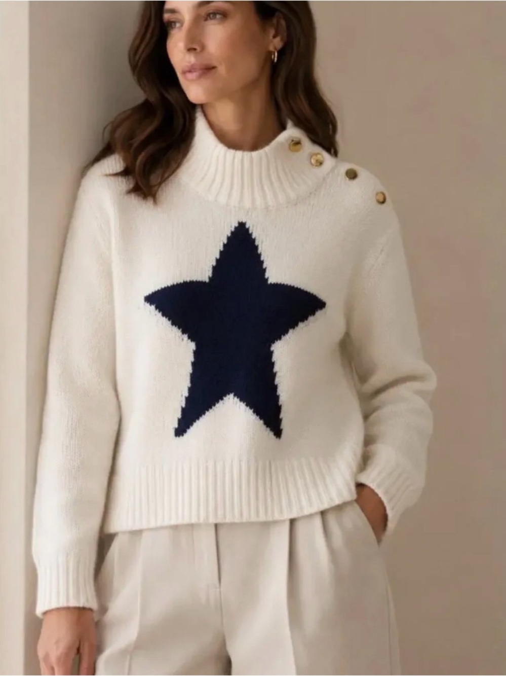 Kate Spade Sweater Women’s XL Broome Street Intarsia Star Turtleneck Gold Button